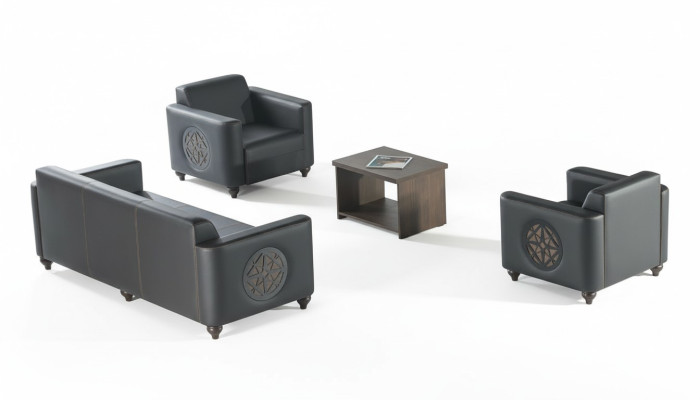 Study Room Set 4-Piece Black 3-Seater 2x Armchair Brown Coffee Table Modern