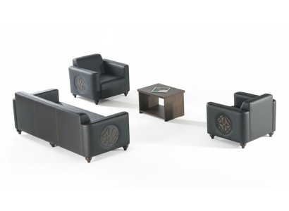 Study Room Set 4-Piece Black 3-Seater 2x Armchair Brown Coffee Table Modern