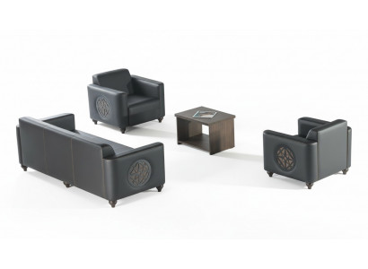 Study Room Set 4-Piece Black 3-Seater 2x Armchair Brown Coffee Table Modern