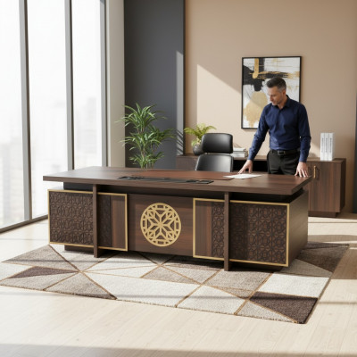 Modern office desk with drawers, doors, storage, study room, brown style