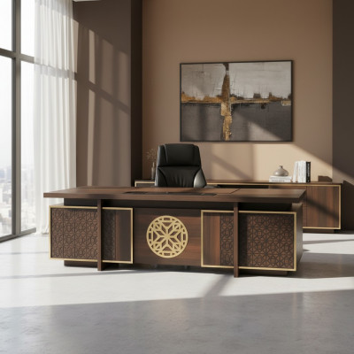 Modern office desk with drawers, doors, storage, study room, brown style