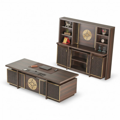Study Room Set 3-piece Office Desk Sideboard Bookshelf Brown Monochrome