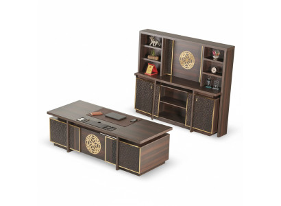Study Room Set 3-piece Office Desk Sideboard Bookshelf Brown Monochrome