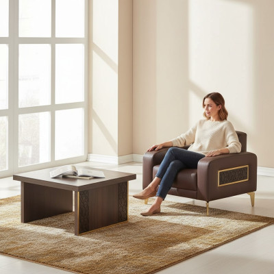 Home office set, 2-piece armchair with coffee table, living room, brown solid color