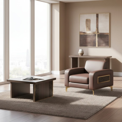 Home office set, 2-piece armchair with coffee table, living room, brown solid color