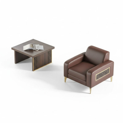 Home office set, 2-piece armchair with coffee table, living room, brown solid color