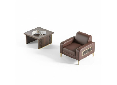 Home office set, 2-piece armchair with coffee table, living room, brown solid color