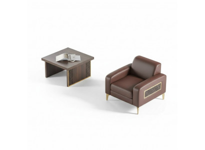 Home office set, 2-piece armchair with coffee table, living room, brown solid color