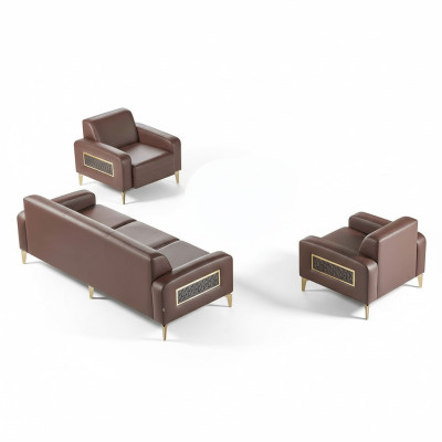 Office set 3-piece 3-seater with 2x armchairs brown solid color living room