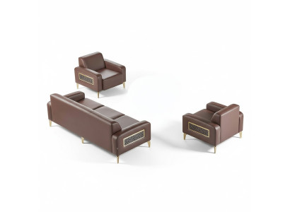 Office set 3-piece 3-seater with 2x armchairs brown solid color living room