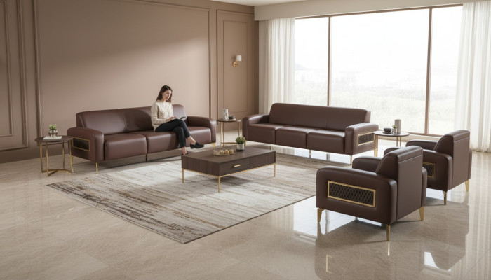 Noble brown office leather suite modern three-seater sofas armchairs