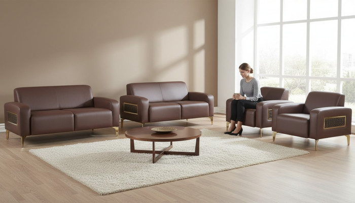 Office set 4-piece 2x 2-seater with 2x armchair brown solid color modern
