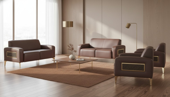 Office set 4-piece 2x 2-seater with 2x armchair brown solid color modern