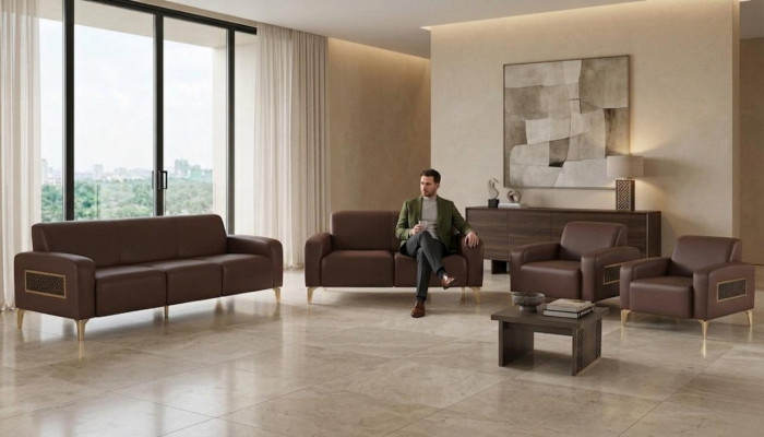 Exclusive brown study furniture, designer coffee table, armchair, 2x sofas