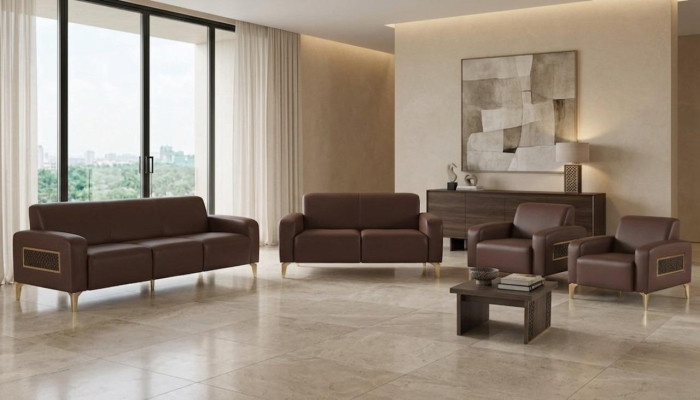 Exclusive brown study furniture, designer coffee table, armchair, 2x sofas