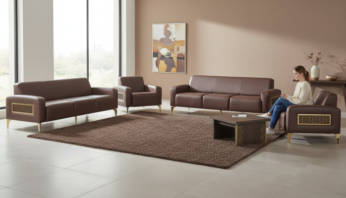 Brown office leather furniture set three-seater 2x armchairs coffee table