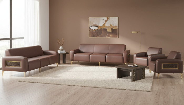 Brown office leather furniture set three-seater 2x armchairs coffee table