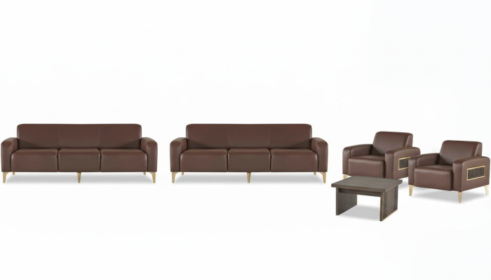 Brown office leather furniture set three-seater 2x armchairs coffee table