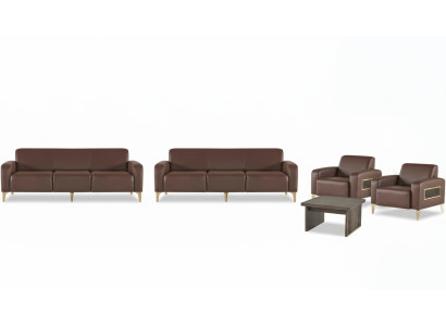 Brown office leather furniture set three-seater 2x armchairs coffee table
