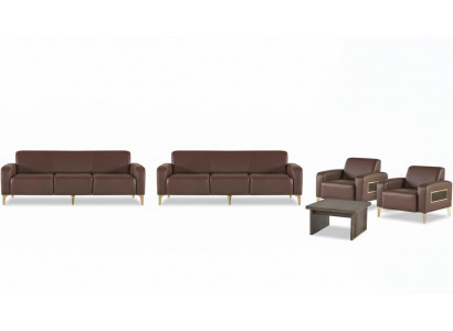 Brown office leather furniture set three-seater 2x armchairs coffee table
