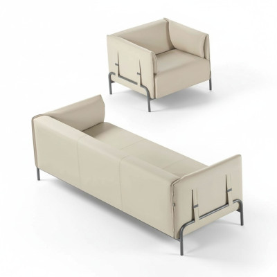 Office set 2-piece 3-seater armchair beige solid color cushion living room