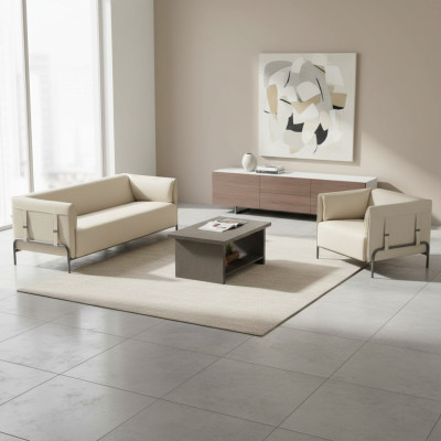 Study Room Set 3-piece Beige 3-Seater Armchair Gray Coffee Table Living Room