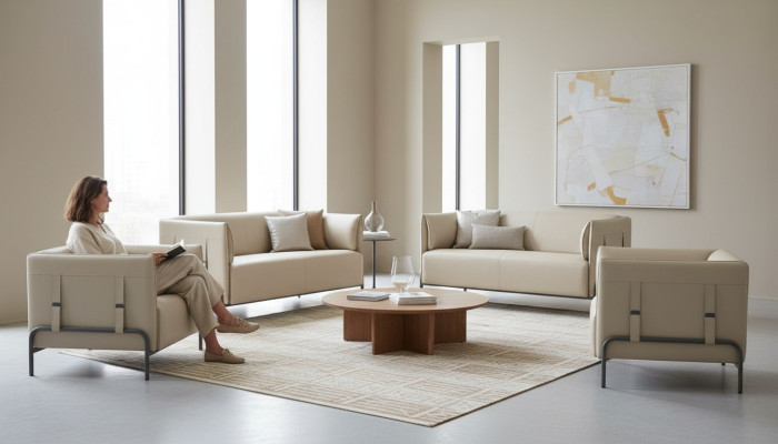 Study Set 4-piece Beige 2x 2-Seater 2x Armchair Solid Color Living Room