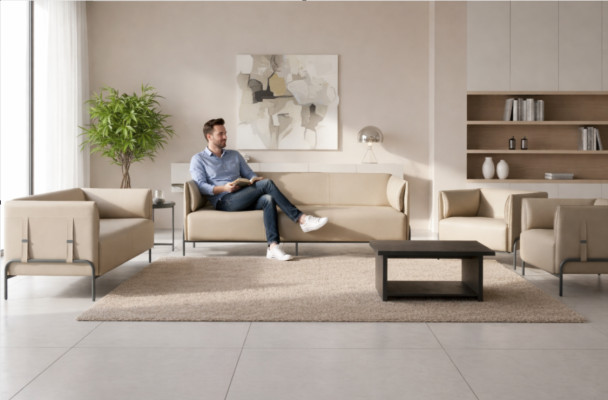 Office Room Set 5 pieces Beige 3-Seater 2-Seater 2x Armchair Gray Coffee Table