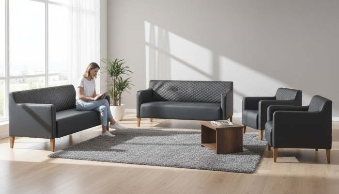 Office set 5-piece Black 2x 3-seater 2x Armchair Brown Coffee Table