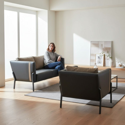 Home office seating furniture luxurious gray leather 2-seater elegant armchair