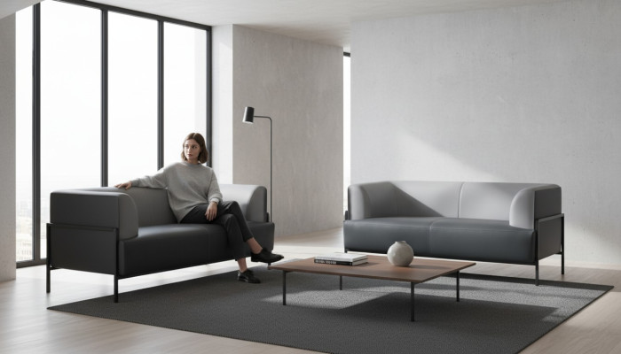 Black leather sofa, modern seating furniture, 4-piece set, stainless steel office armrests