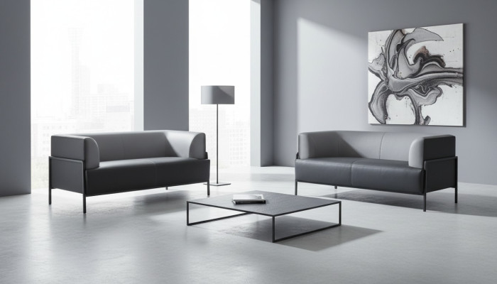 Black leather sofa, modern seating furniture, 4-piece set, stainless steel office armrests