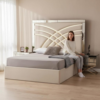 Beige bedroom furniture textile bed luxurious wood 2x bedside tables 3-piece set