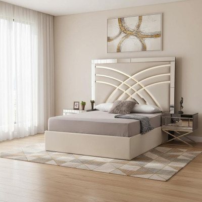 Beige bedroom furniture textile bed luxurious wood 2x bedside tables 3-piece set