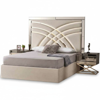 Beige bedroom furniture textile bed luxurious wood 2x bedside tables 3-piece set