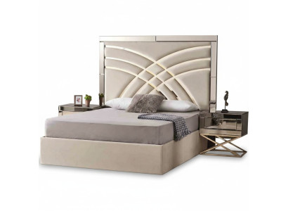 Beige bedroom furniture textile bed luxurious wood 2x bedside tables 3-piece set