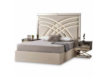 Beige bedroom furniture textile bed luxurious wood 2x bedside tables 3-piece set