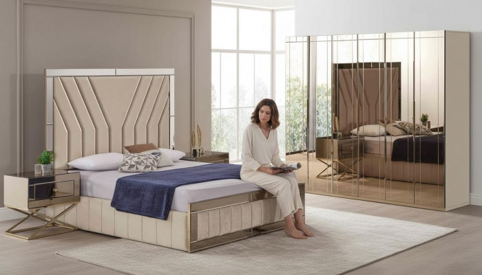 Complete beige bedroom set designer bed nightstands wardrobe 4-piece set