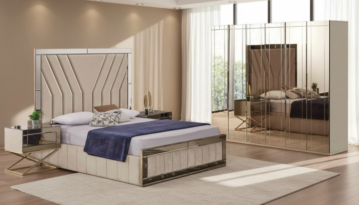 Complete beige bedroom set designer bed nightstands wardrobe 4-piece set
