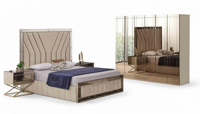 Complete beige bedroom set designer bed nightstands wardrobe 4-piece set
