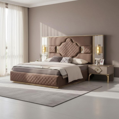 Brown-Beige Exclusive Bedroom Set Double Bed 2x Nightstands