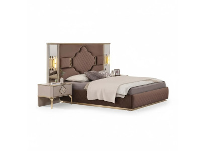 Brown-Beige Exclusive Bedroom Set Double Bed 2x Nightstands