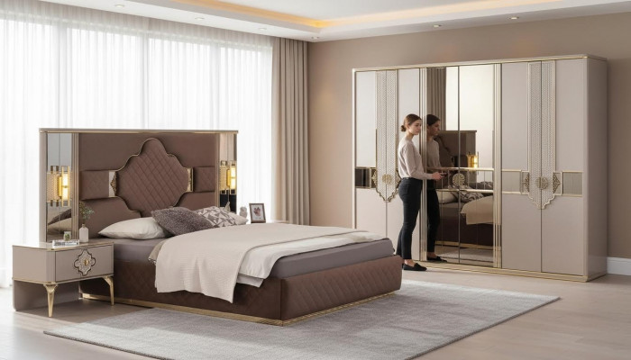 Brown-beige bedroom set wardrobe upholstered bed bedside tables