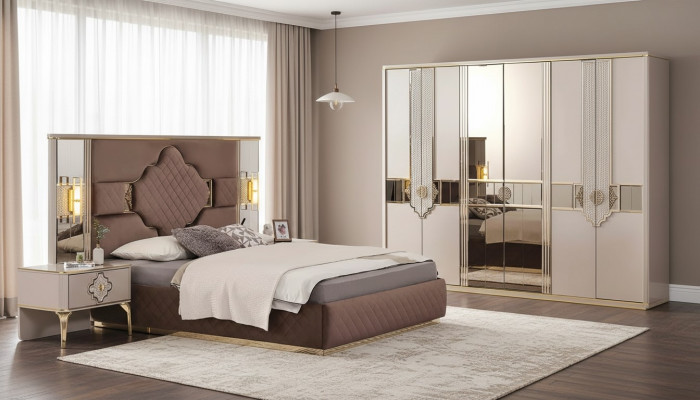 Brown-beige bedroom set wardrobe upholstered bed bedside tables