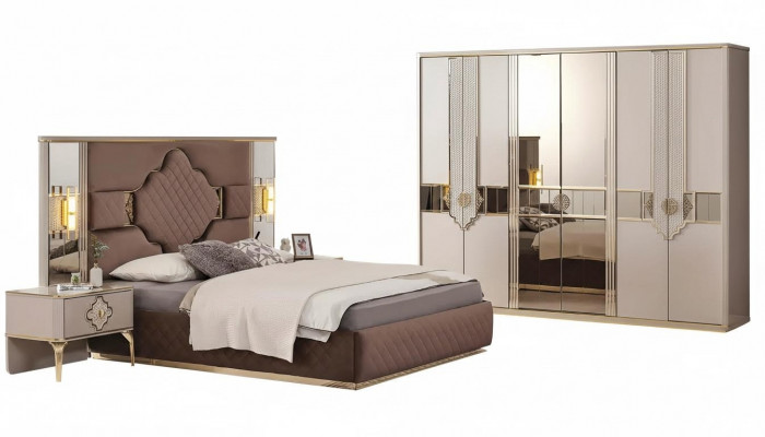 Brown-beige bedroom set wardrobe upholstered bed bedside tables