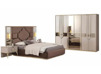 Brown-beige bedroom set wardrobe upholstered bed bedside tables