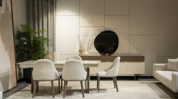 Stylish kitchen furniture designer dining table 4x fabric chairs elegant sideboard