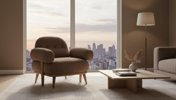 Brown single armchair living room upholstered chair fabric 1-seater elegant furniture