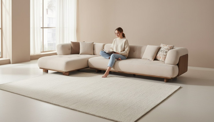 Stylish beige sofa set corner sofa L-shaped upholstered furniture three-seater sofa