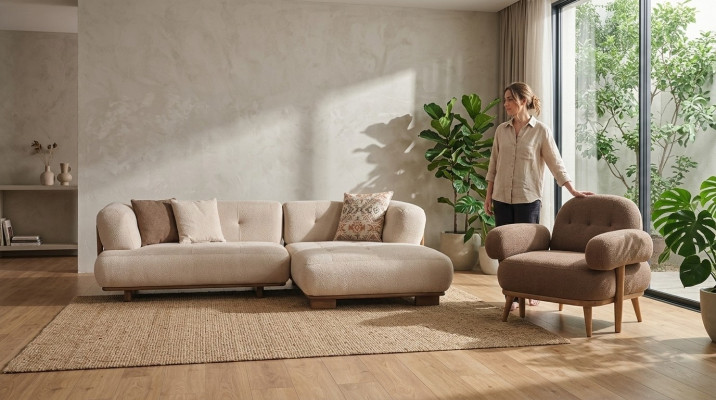 Stylish Beige-Brown Sofa Set Stylish Corner Sofa Textile Armchair 2-piece